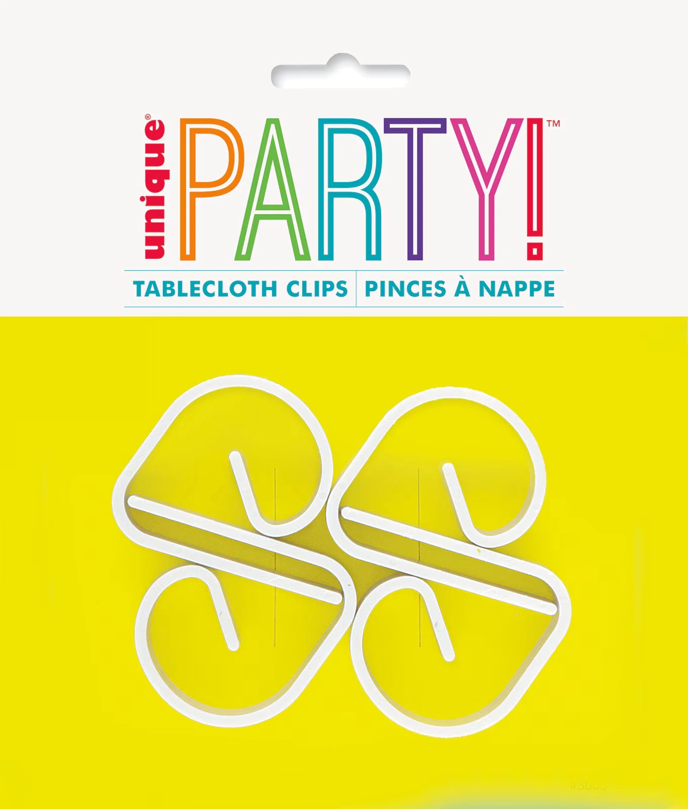 4 white plastic clips; curved hook shape; packaged on bright yellow card; colourful header with PARTY text;