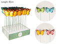 long thin green metal stakes; colourful butterfly ornaments; butterflies in blue, green, orange, pink shades; 40cm length indicated on packaging;