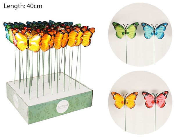 long thin green metal stakes; colourful butterfly ornaments; butterflies in blue, green, orange, pink shades; 40cm length indicated on packaging;
