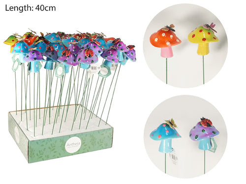 40cm length; metal stem; colourful spotted mushroom tops; multiple colour variations (red, yellow, blue, purple); decorated with small insects like ladybugs and butterflies;
