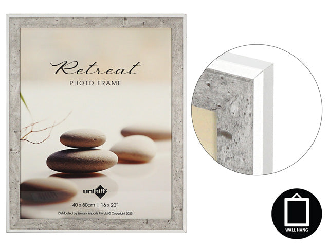 stone-effect textured frame; rectangle shape; light grey colour; fits 40x50cm photos; ready to hang with wall mount;