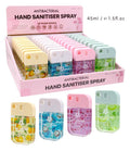 45ml clear plastic bottles; assorted pastel coloured spray caps (yellow, white, pink, green); printed label with fruit and flower designs on bottles; packaged in a pink display box; rectangular bottle shape with rounded edges;