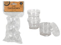 Clear plastic material; Round shape; Screw-on locking lids; Stacked container design; 3 pack in packaging;