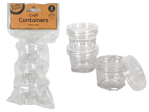 Clear plastic material; Round shape; Screw-on locking lids; Stacked container design; 3 pack in packaging;