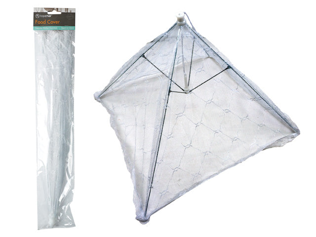 white mesh cover; square shape; foldable umbrella design; small handle on top; packaged in clear plastic;