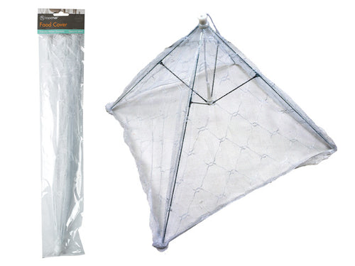 white mesh cover; square shape; foldable umbrella design; small handle on top; packaged in clear plastic;