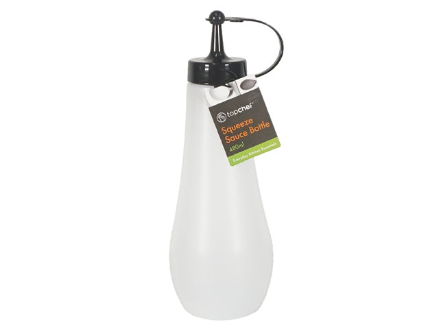 white translucent plastic bottle; black screw-on lid; attached black cap on lid; elongated narrow tip; teardrop bottle shape;