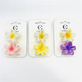 Flower-shaped claw clips with five petals; Iridescent transparent plastic finish; Approx. 4cm size on branded backing card; Colour variations including yellow, pink and purple centres;