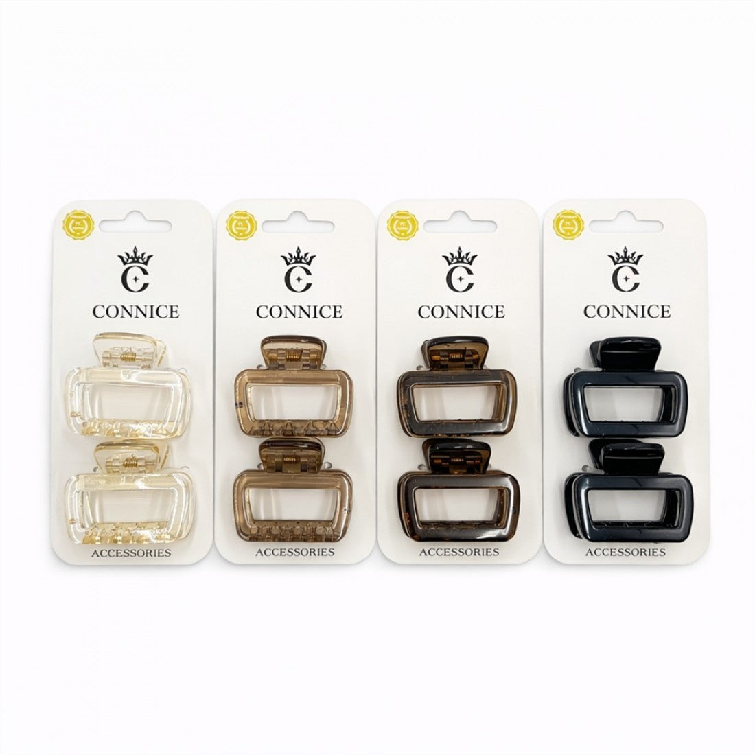 Each card shows two small rectangular hair claw clips; Clips have an open frame design; Colours shown include clear, light brown, tortoiseshell-style brown and black; Clips are displayed on white backing cards branded “CONNICE”; Glossy plastic finish on all clips;