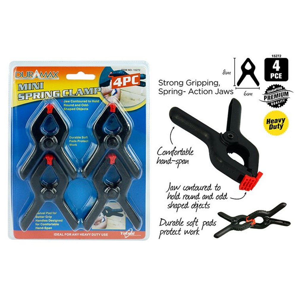 4 mini spring clamps in black with red soft pads; clamps have contoured jaws; packaged on blue and orange card; handles have ergonomic design; clamps measure approximately 8cm by 6cm;
