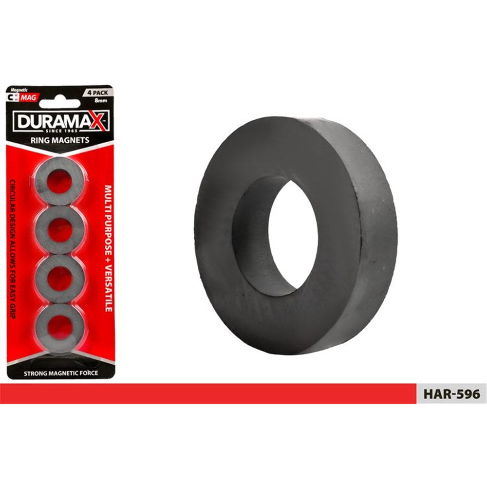 4 pack of O shaped ring magnets; black/dark grey colour; circular shape with hollow centre; packaging has red and black colour scheme;