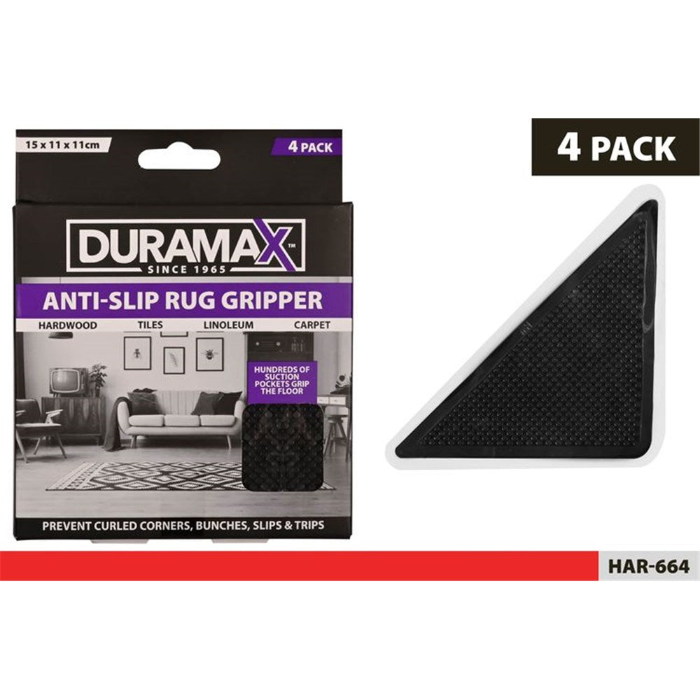 black triangular gripper; textured suction surface; pack of 4; packaging with purple and black design; dimensions 15x11cm printed;