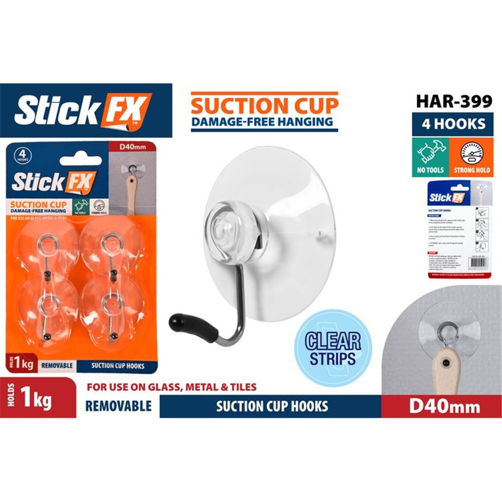 Clear round suction cups; Metal hook with black tip; Packaging shows 4 hooks; Orange and blue packaging design;
