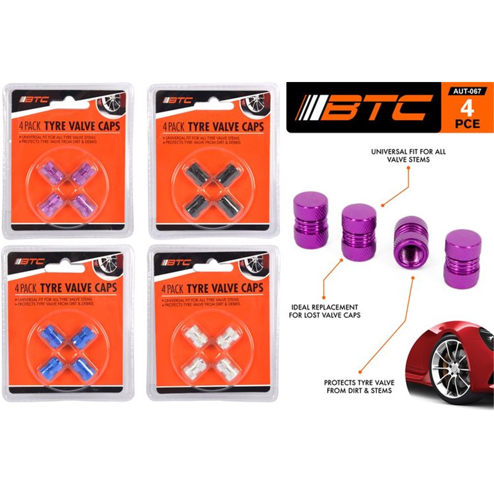 4 metal tyre valve caps per pack; packs in purple, black, blue, and silver colours; caps shaped cylindrical with knurled grip; packaging on orange and black backing card;