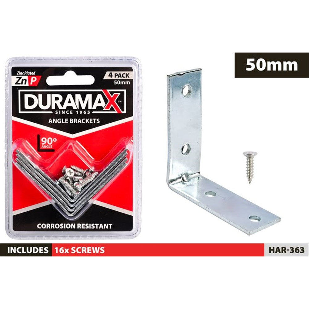 Zinc-plated metal finish; 50mm size marking; 4 piece pack; Includes screws; 90 degree angle shape;