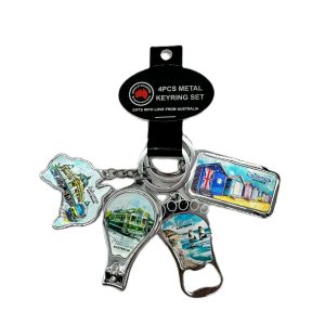 4 metal keyrings attached to a black display hub; Each keyring features colourful Melbourne landmark images; Keyrings have a shiny silver metal finish; Includes iconic Melbourne scenes and symbols;
