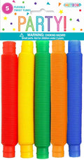 5 twist tubes in red, yellow, green, orange, and blue; corrugated flexible tube design; packaged in a polybag with party-themed header card; rainbow coloured PARTY text on header card;