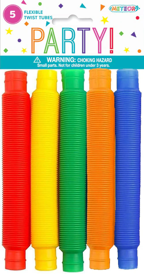 5 twist tubes in red, yellow, green, orange, and blue; corrugated flexible tube design; packaged in a polybag with party-themed header card; rainbow coloured PARTY text on header card;