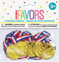 gold colour medals; round shape with star design; 'WINNER' text embossed; red, white and blue striped fabric ribbons; packaged in clear polybag with header card;