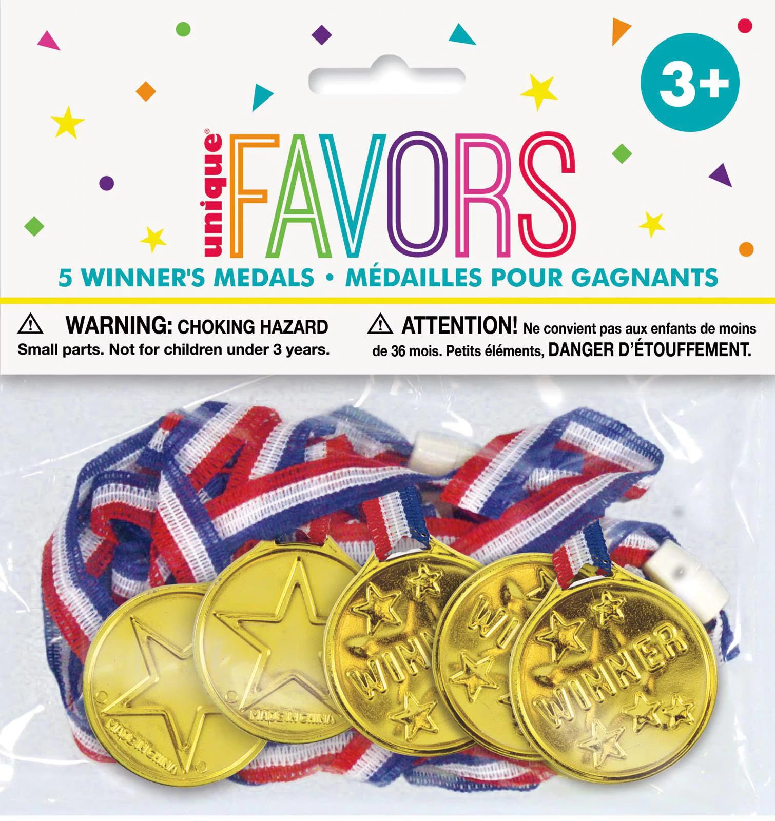 gold colour medals; round shape with star design; 'WINNER' text embossed; red, white and blue striped fabric ribbons; packaged in clear polybag with header card;