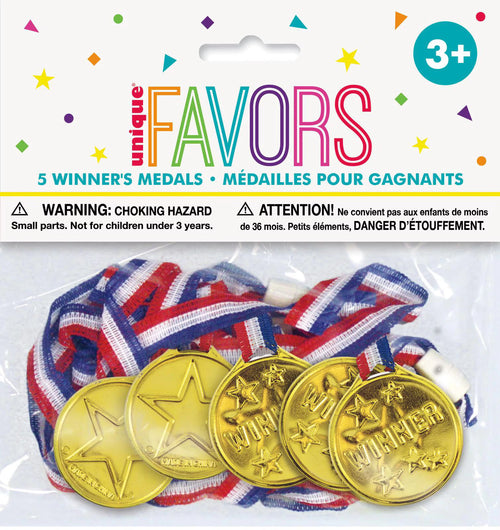 gold colour medals; round shape with star design; 'WINNER' text embossed; red, white and blue striped fabric ribbons; packaged in clear polybag with header card;