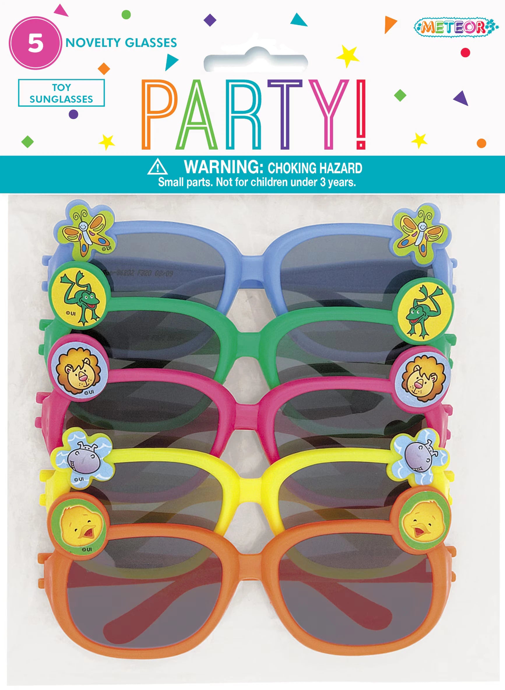Five pairs of plastic glasses; Different frame colours: blue, green, pink, yellow, orange; Animal decorations on frames (butterfly, frog, lion, hippo, chick); Rectangular lens shape; Packaged on a card with party graphics;