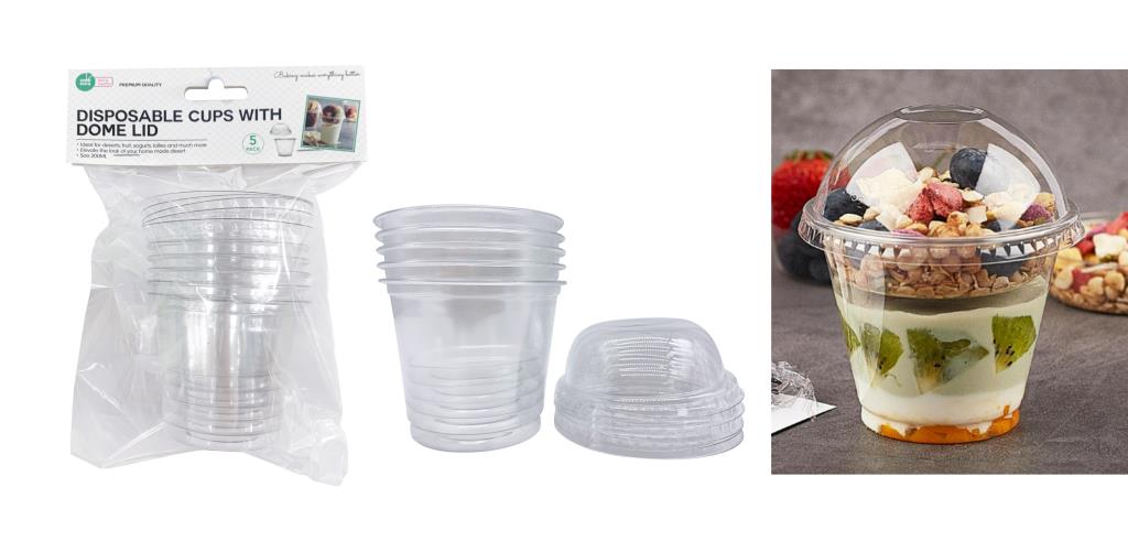 clear plastic material; dome shaped lids; stacked cups and lids visible; transparent design; packaged in clear plastic bag;