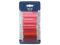 Five spools of thread in shades of pink and red; Plastic blister pack packaging; 180m thread length indicated on packaging; Blue and white retail pack background;