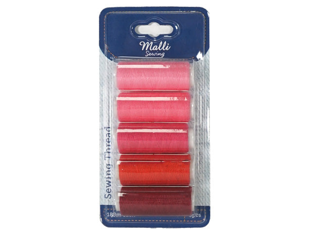 Five spools of thread in shades of pink and red; Plastic blister pack packaging; 180m thread length indicated on packaging; Blue and white retail pack background;