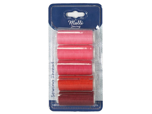 Five spools of thread in shades of pink and red; Plastic blister pack packaging; 180m thread length indicated on packaging; Blue and white retail pack background;
