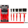 set of 5 paint brushes; red handles; black bristles; assorted brush widths from small to large; packaged in plastic blister;