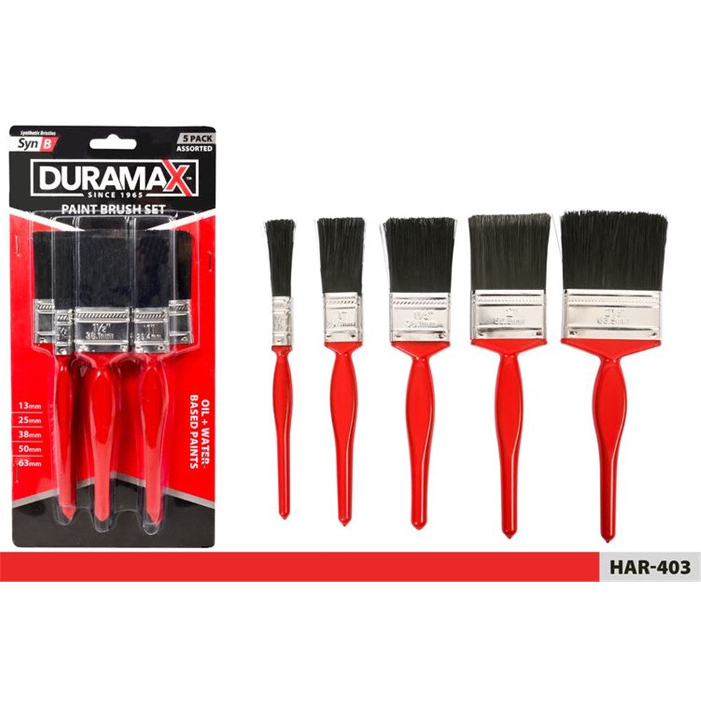 set of 5 paint brushes; red handles; black bristles; assorted brush widths from small to large; packaged in plastic blister;