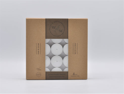 brown cardboard packaging; transparent window showing white tealight candles; pack of 50 tealights; text indicating 4 hours burning time; lead free and smokeless icons on packaging;