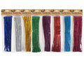 pack of 50 chenille stems; metallic finish; various colours including blue, silver, gold, green, purple, red, turquoise, magenta; straight slender shape; packaging with header card and clear plastic;