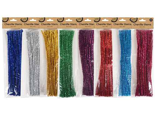 pack of 50 chenille stems; metallic finish; various colours including blue, silver, gold, green, purple, red, turquoise, magenta; straight slender shape; packaging with header card and clear plastic;