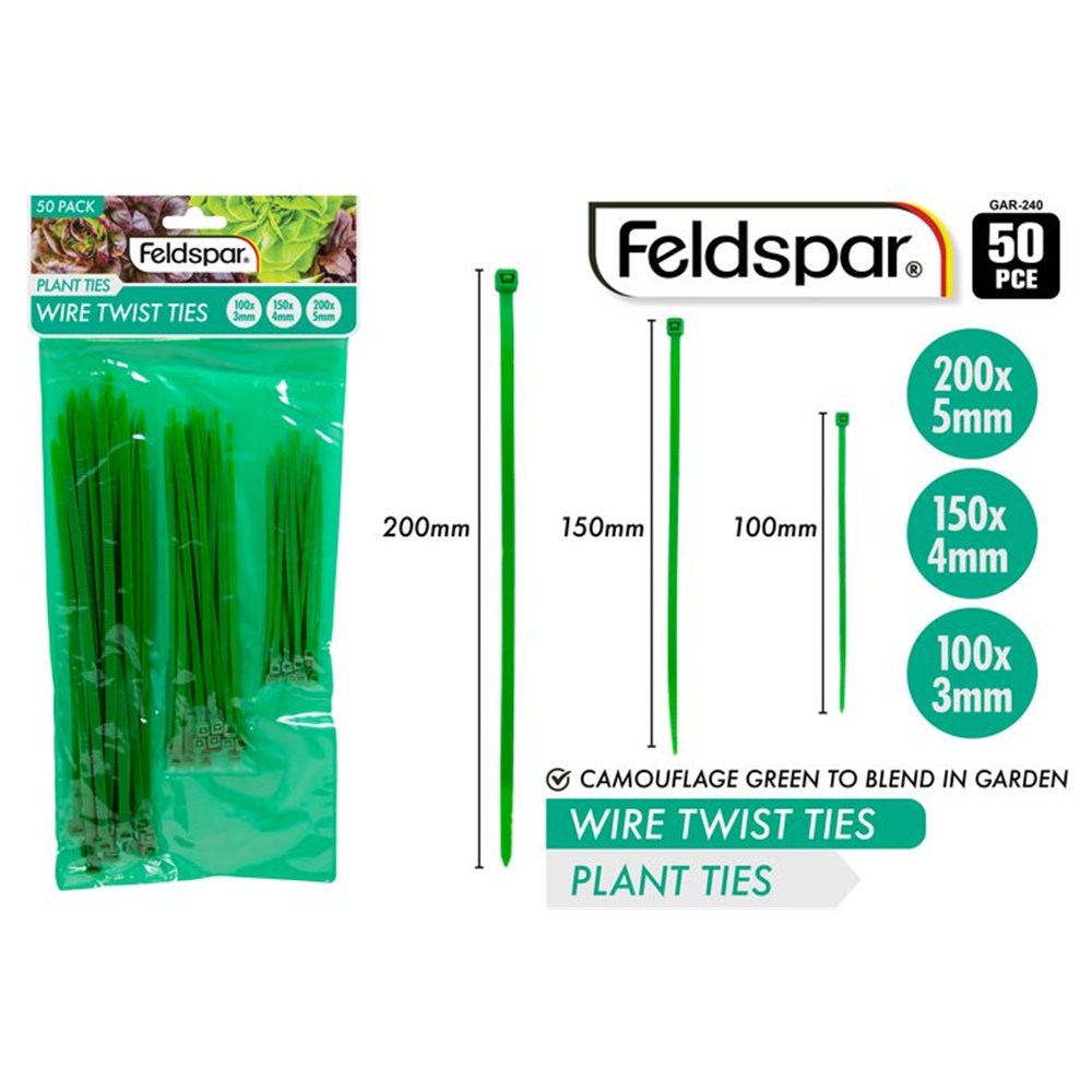 Green colour cable ties; 50 pieces in pack; Assorted sizes with lengths 100mm, 150mm, 200mm; Pack labelled Feldspar; Plastic material;