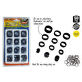 black rubber O-rings; assorted sizes; packaged in a plastic compartment tray; blue, orange and yellow packaging; labelled '50 PCE' and 'Heavy Duty';