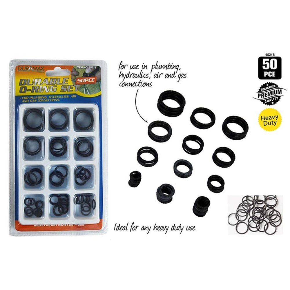 black rubber O-rings; assorted sizes; packaged in a plastic compartment tray; blue, orange and yellow packaging; labelled '50 PCE' and 'Heavy Duty';