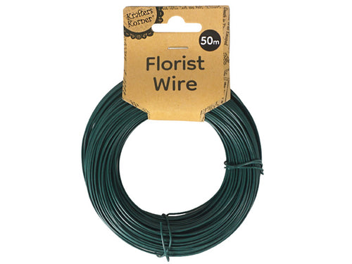 green coated wire; circular coil shape; packaging with kraft paper label; 50m length indicated on label;