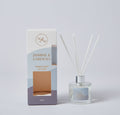 Clear round glass bottle with silver neck; White reed sticks included; Box with pale blue, white and purple colour blocks; Gold text on both box and bottle label;