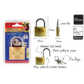 Brass plated body; Hardened steel shackle; 3 keys included; Padlock dimensions visible; Retail packaging with blue and red background;