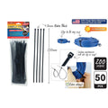 black colour cable ties; 4.8mm width, 200mm length; 50 pieces in sealed plastic packaging; self-locking head design; UV resistant nylon material;