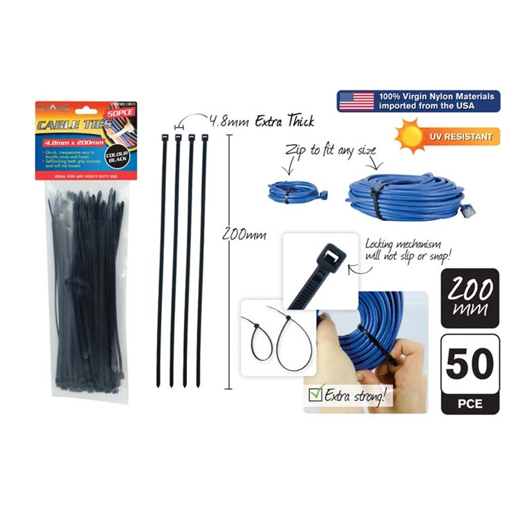 black colour cable ties; 4.8mm width, 200mm length; 50 pieces in sealed plastic packaging; self-locking head design; UV resistant nylon material;