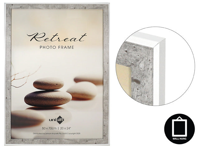 Stone-effect textured grey border; Rectangular shape; White inner edge border; Designed for wall hanging; Size label 50x70cm shown;