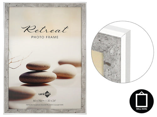 Stone-effect textured grey border; Rectangular shape; White inner edge border; Designed for wall hanging; Size label 50x70cm shown;