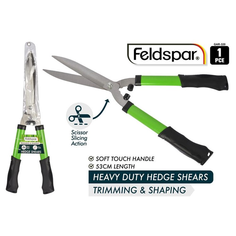Green handles with black soft touch grip; Silver metal blades; 53cm total length; Packaging shows use for trimming and shaping hedges;