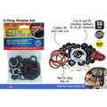 55 assorted O-ring washers; black, red and white colours; round washer shapes; plastic and rubber materials; resealable plastic bag packaging;