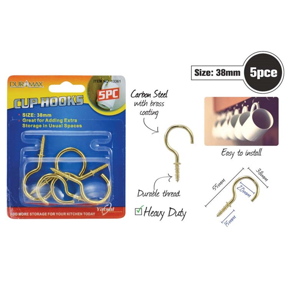pack of 5 hooks; brass-coloured finish; hook shape with screw thread; packaging with blue and yellow background; 38mm size marked;