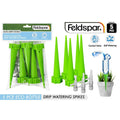 Green plastic spike shape; Set of 5 spikes with control valves; Packaging shows spike attached to water bottle; Spike designed for bottle insertion into soil;