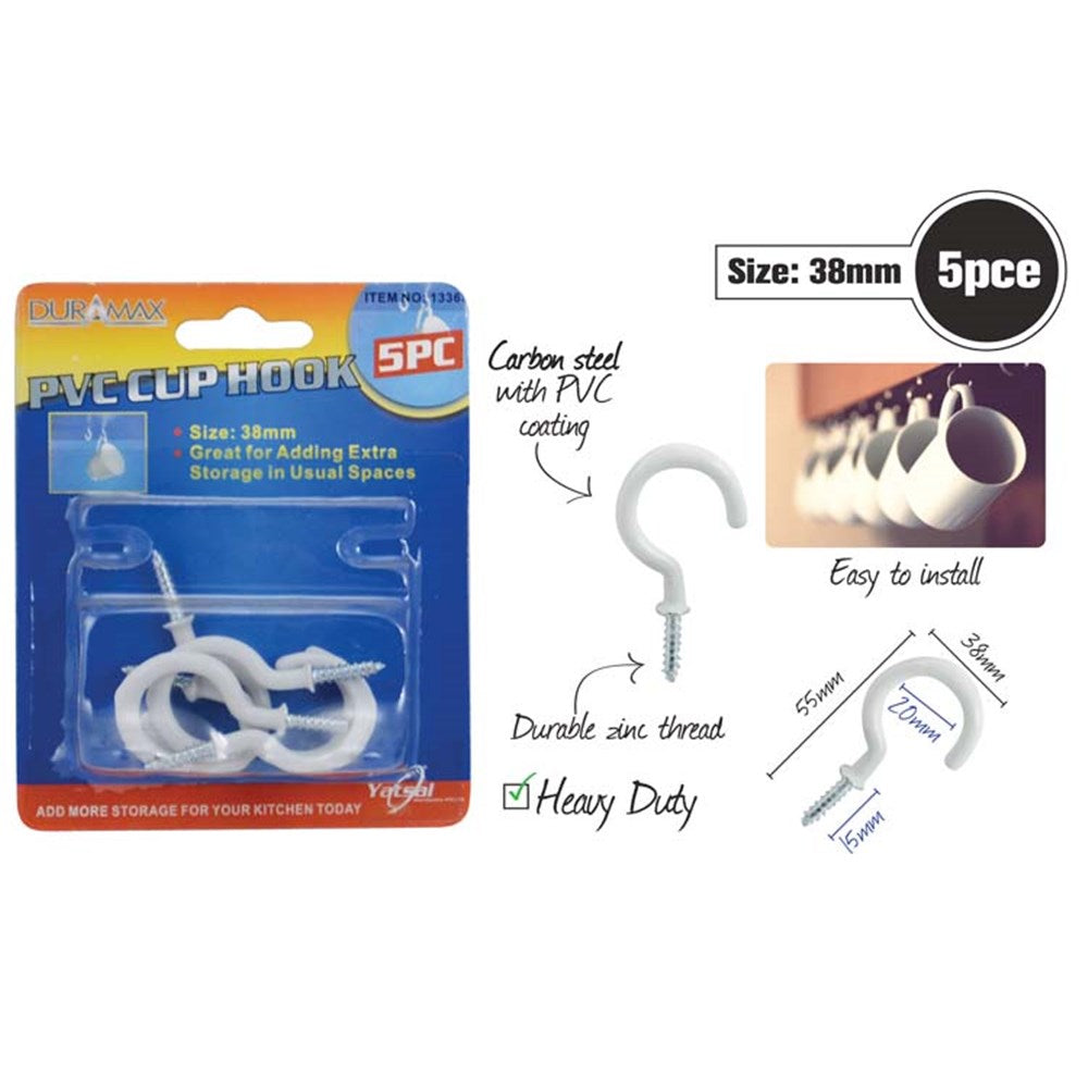 white colour; plastic PVC coating; metal screw thread; hook shape; pack of 5 hooks in blister pack;